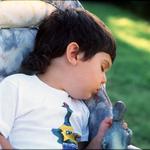 Young Child Sleeping In Buggy With Toy Dinosaur. Vancouver BC.